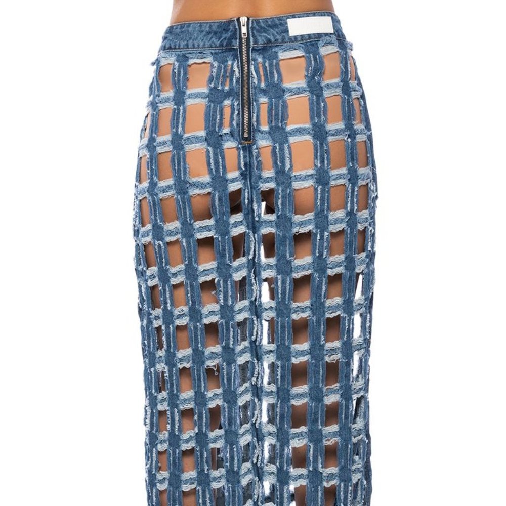 Miz Check on My Split: Square Biz Cut Out Denim Maxi Skirt Large - Picture 6 of 10